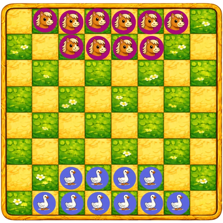 Vue de dessus d'un plateau de jeu de société de type damier, composé de cases alternant entre herbe verte et terre sablonneuse avec des fleurs blanches. Les deux premières rangées du haut contiennent des pions violets à l'effigie d'un poney, tandis que les deux dernières rangées du bas contiennent des pions bleus représentant une oie blanche.