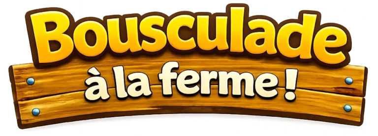 Logo sur fond transparent présentant le titre 'Bousculade à la ferme !'. Le mot 'Bousculade' est écrit en grandes lettres jaunes arrondies avec un contour marron. En dessous, 'à la ferme !' est inscrit en lettres blanches sur une pancarte en bois horizontale maintenue par des clous bleus.