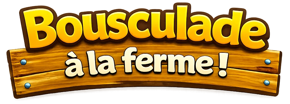 Logo sur fond transparent présentant le titre 'Bousculade à la ferme !'. Le mot 'Bousculade' est écrit en grandes lettres jaunes arrondies avec un contour marron. En dessous, 'à la ferme !' est inscrit en lettres blanches sur une pancarte en bois horizontale maintenue par des clous bleus.