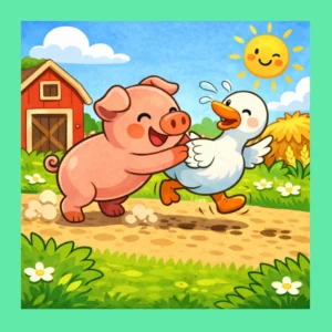 Illustration colorée de style dessin animé montrant un petit cochon rose joyeux qui pousse amicalement un canard blanc sur un chemin de terre. En arrière-plan, on aperçoit une grange rouge, une meule de foin et un soleil souriant dans un ciel bleu parsemé de nuages.