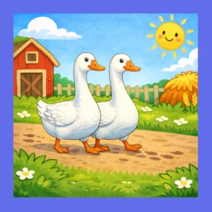 Illustration enfantine montrant deux oies blanches marchant côte à côte sur un chemin de terre à la ferme. Le décor comprend une grange rouge, une clôture en bois, une meule de foin et un soleil radieux avec un visage souriant dans un ciel bleu clair.