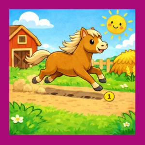 Illustration joyeuse d'un petit poney marron à la crinière blonde galopant sur un chemin de terre à la ferme. Un petit jeton jaune portant le chiffre "1" est visible au sol. Le décor comprend une grange rouge, une meule de foin et un soleil souriant dans un ciel bleu.