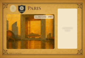 Fiche de lieu du jeu "Vampires Clan - Jeux Nocturnes" représentant le quartier de Paris. La carte affiche une illustration de la Grande Arche de la Défense sous un ciel flamboyant orangé, avec l'inscription "La Défense - 1989". Le design général est de couleur parchemin avec des motifs baroques en filigrane. En haut, on voit le titre "PARIS" à côté d'un blason noir représentant une fleur stylisée au-dessus de vagues. Une large zone blanche rectangulaire est réservée sur la droite pour des informations ou des cartes supplémentaires.