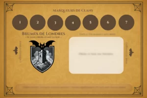 Plateau de jeu individuel pour le clan "Brumes de Londres". Le document présente un style parchemin ocre avec une bordure ornementée. En haut, une piste de "Marqueurs de Clans" numérotée de 1 à 7 dans des cercles marron. En bas à gauche, le blason du clan affiche une tour médiévale émergeant de nuages de brume, surmontée d'une chauve-souris aux ailes déployées, avec la devise : « Le sang-froid avant la soif ». À droite, une zone intitulée "Geôle (Humains Capturés)" permet de placer des cartes ou des pions.