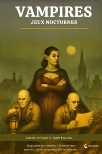 Couverture de la boite de jeu "VAMPIRES - JEUX NOCTURNES" de Laurent Levesque et Agnès Lecareux, illustrée dans une ambiance gothique verdâtre par Noctiludi. L'image montre une femme vampire imposante à la robe rouge et cape noire, entourée de deux hommes chauves et mornes. L'un tient une lanterne, l'autre un parchemin.
