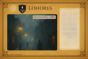 Carte de lieu pour le jeu "Vampires - Jeux Nocturnes" représentant le quartier de Whitechapel à Londres en 1888. L'illustration centrale montre une ruelle sombre et embrumée, éclairée par des réverbères à gaz jaunâtres, où déambulent des silhouettes mystérieuses en haut-de-forme. La carte possède un style parcheminé avec un blason noir et un emplacement vide pour les règles ou statistiques à droite.
