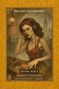 Carte de personnage du jeu "Vampires - Jeux Nocturnes" intitulée "BRUMES DE LONDRES". L'illustration montre Jeune Alice, une vampire DJ aux cheveux auburn portant un casque audio et une robe rouge. Elle mixe sur une platine vinyle en révélant ses crocs. L'arrière-plan évoque Londres avec la silhouette du Big Ben, un lampadaire victorien et le logo lumineux du métro londonien. Le nom "JEUNE ALICE" est inscrit en bas, avec une valeur numérique floue dans le coin gauche.