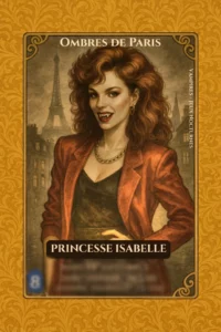 Carte de personnage du jeu "Vampires - Jeux Nocturnes" intitulée "OMBRES DE PARIS". L'illustration montre la Princesse Isabelle, une vampire rousse aux cheveux volumineux de style années 80, portant une veste rouge sur un haut noir et des bijoux dorés. Elle sourit, révélant ses crocs, avec la Tour Eiffel en arrière-plan sous un ciel brumeux. Le nom "PRINCESSE ISABELLE" est inscrit dans un cartouche noir au centre, et à gauche en bas.