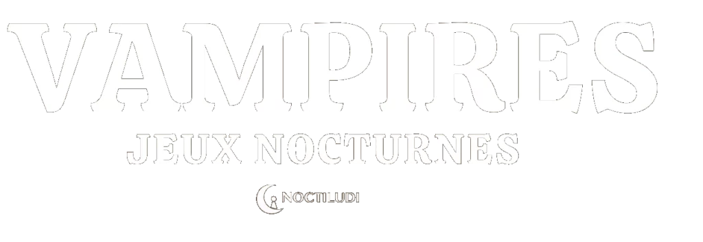 Logo sur fond blanc. En haut, le mot 'VAMPIRES' est écrit en grandes lettres à contour, avec une police à empattement stylisée. En dessous, plus petit, le texte 'JEUX NOCTURNES' en police similaire. Tout en bas, le logo de l'éditeur : un petit croissant de lune entourant le nom 'NOCTILUDI'