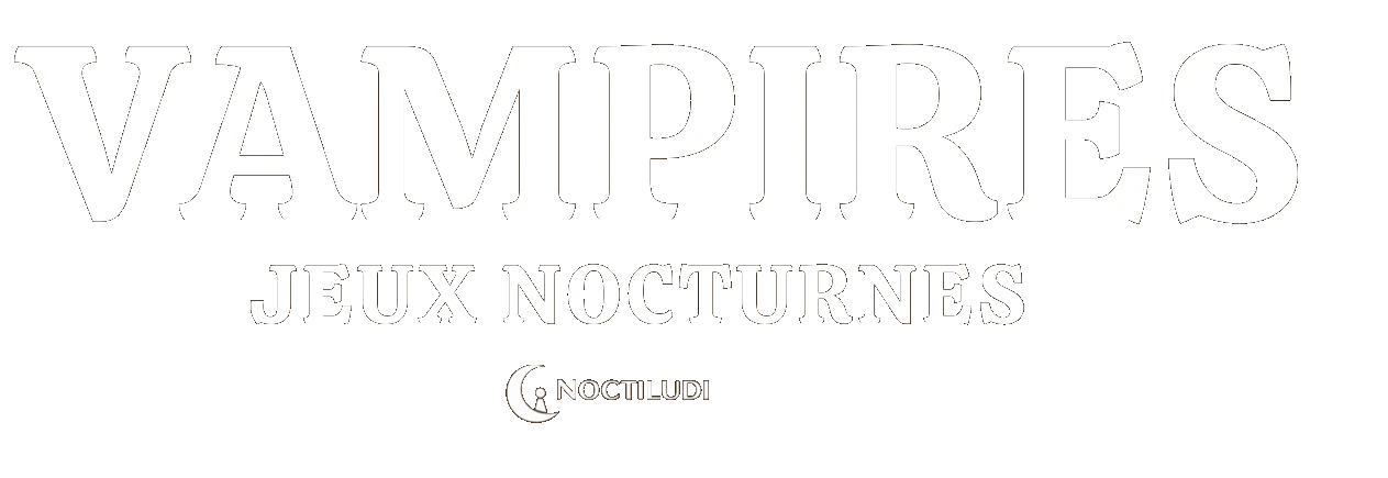 Logo sur fond blanc. En haut, le mot 'VAMPIRES' est écrit en grandes lettres à contour, avec une police à empattement stylisée. En dessous, plus petit, le texte 'JEUX NOCTURNES' en police similaire. Tout en bas, le logo de l'éditeur : un petit croissant de lune entourant le nom 'NOCTILUDI'