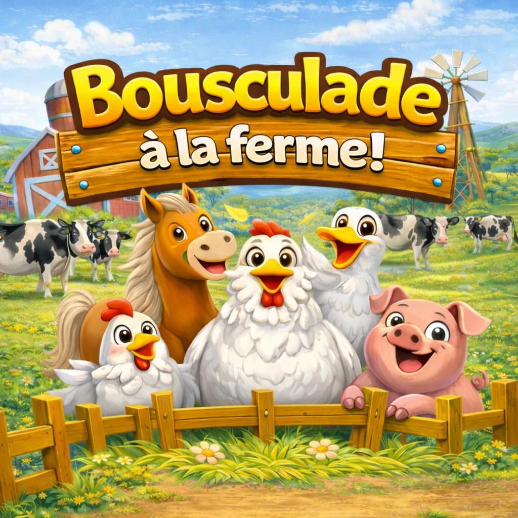 Affiche colorée et joyeuse du jeu 'Bousculade à la ferme !'. Au premier plan, derrière une barrière en bois, un groupe d'animaux de la ferme cartoonesques sourit avec enthousiasme : une grosse poule blanche au centre, entourée d'un petit poney brun, d'un canard blanc, d'un cochon rose et d'un poussin. L'arrière-plan montre un paysage de campagne ensoleillé avec des vaches, une grange rouge et un moulin à vent sous un ciel bleu parsemé de nuages. Le titre est inscrit en lettres jaunes bombées sur une enseigne en bois.