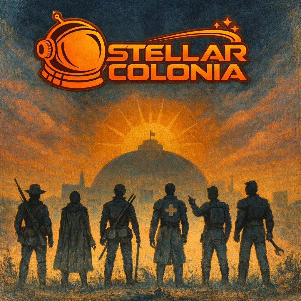 Affiche du jeu 'Stellar Colonia' au style peinture texturée. Au premier plan, six personnages vus de dos se tiennent en silhouette face à un horizon orangé. On distingue un explorateur au chapeau, un médecin avec une croix sur son armure et un technicien tenant une clé à molette. Ils font face à une immense cité sous dôme dominée par un soleil levant rayonnant. En haut, le logo orange du jeu intègre un casque d'astronaute rétro et une étoile filante stylisée.