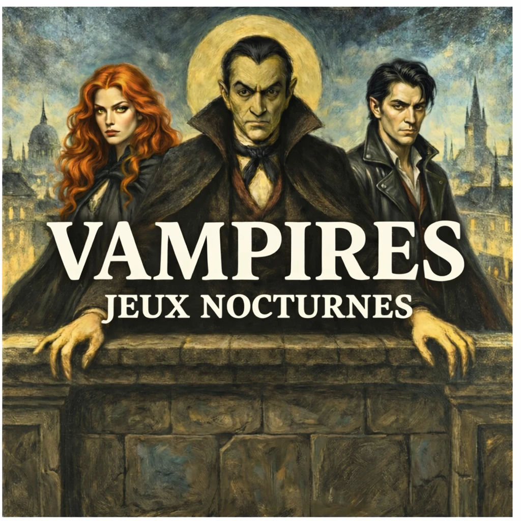 Affiche du jeu 'Vampires : Jeux Nocturnes' au style pictural classique. Trois vampires aux regards sombres sont accoudés à un muret de pierre devant une ville gothique nocturne. Au centre, un homme en cape noire avec un halo de pleine lune derrière la tête. À gauche, une femme rousse et à droite, un homme en veste de cuir. Le titre 'VAMPIRES' et le sous-titre 'JEUX NOCTURNES' sont inscrits en lettres capitales blanches empattées au centre de l'image.
